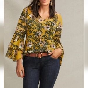 CABI Spring Scene Yellow Floral Long Sleeve Bell ruffle blouse Size small